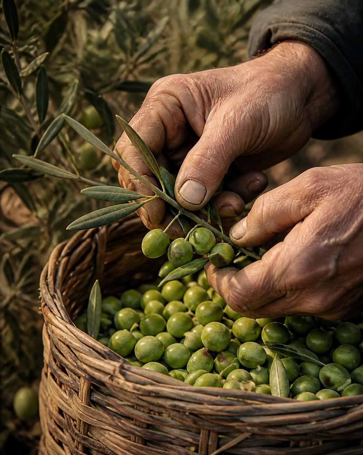 Hands harvesting green olives into a woven basket in a Greek grove