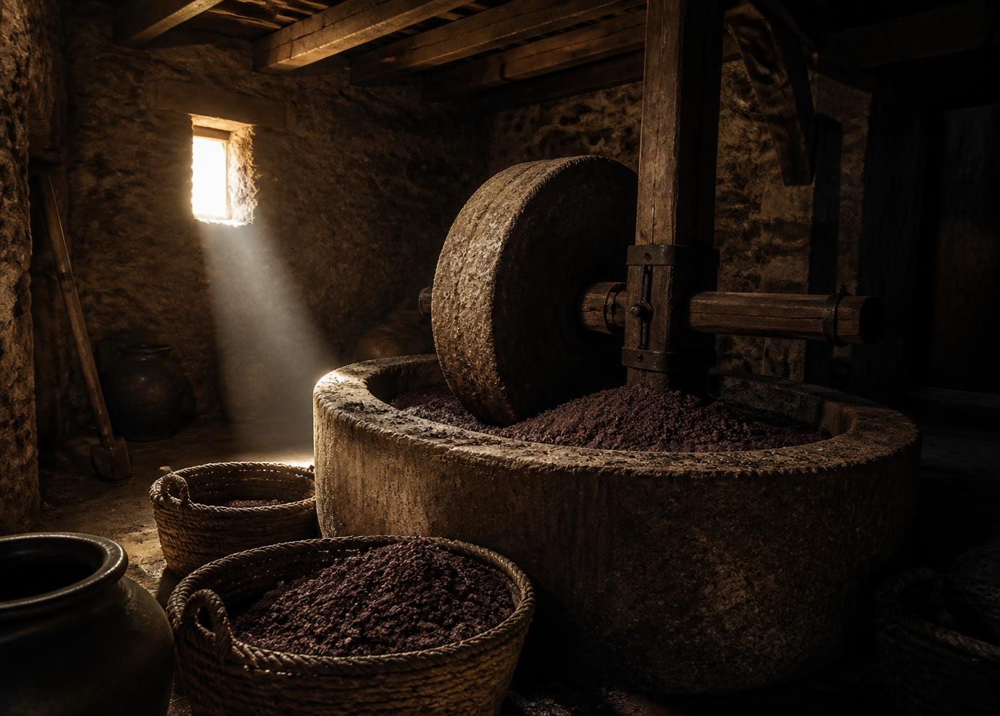 Traditional Greek stone olive press in a dim mill with a shaft of warm light